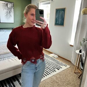 PrettyLittleThing Sweater Womens Small Red Rib Knit Distressed Cropped Pullover